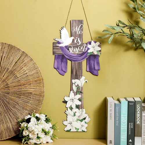Vista 3 de Menkxi Letrero grande de Pascua con texto en inglés «He Is Risen» para puerta de entrada, decoración de puerta de Pascua para casa de campo