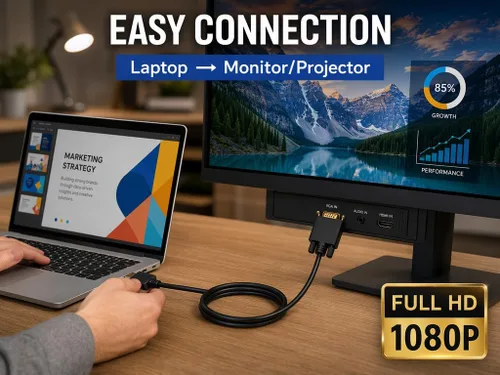 Vista 2 de Cable adaptador HDMI a VGA, 6 pies/5.9 ft, chapado en oro, 1080P, HDMI macho a VGA macho, cable convertidor de video activo, compatible