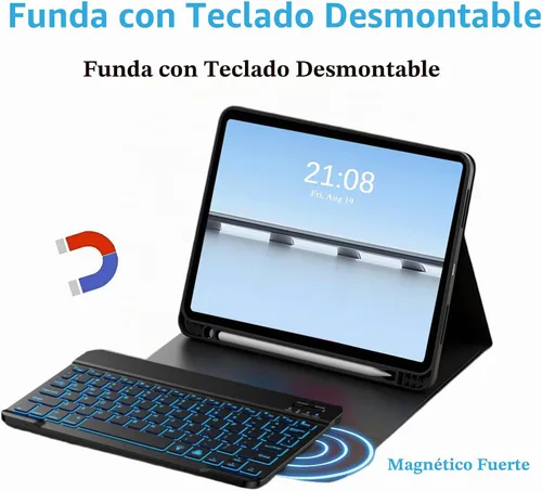 Vista 2 de Funda de teclado desmontable para Samsung Galaxy Tab A11+ 2025/A9+ 2023 de 11 pulgadas, funda magnética retroiluminada de 7 colores para Samsung