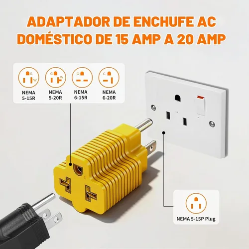 Vista 4 de Cable de extensión 4 en 1 de 15 amperios a 20 amperios y adaptador de corriente de 1 pie, adaptador de hoja T - 5-15P a 5-20R, 6-15R, 6-20R, cable