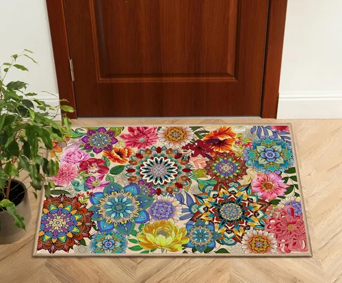 Vista 3 de Alfombra Floral Boho 2x3, Alfombra de Entrada Interior con Flores Coloridas Antideslizante Alfombra Pequeña para Área de Entrada Cocina Baño