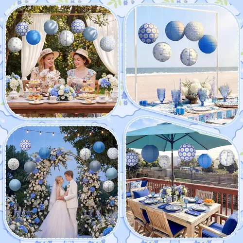 Vista 5 de Rossesay 12 faroles de papel costeros azules de 8 pulgadas, farol colgante de flores azules para interiores y exteriores, decoración náutica