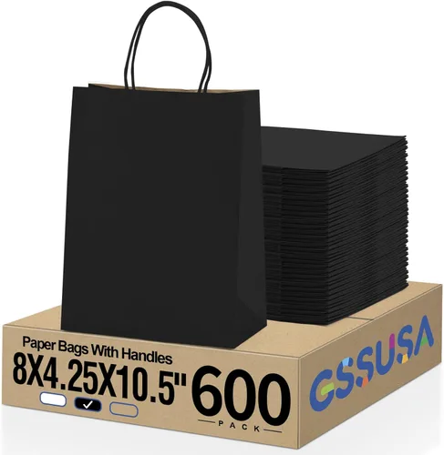 Vista 11 de GSSUSA Bolsas de papel negras de 8 x 4.25 x 10.5 pulgadas, 20 unidades, bolsa de papel de regalo con asas a granel, regalo de graduación, papel
