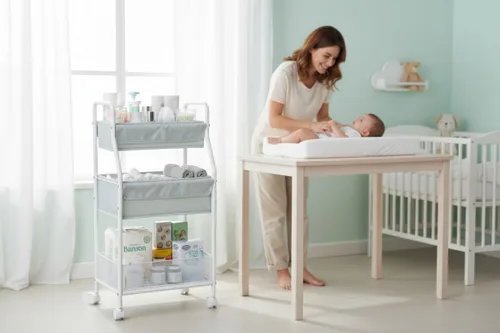 Vista 5 de Moteph Carrito utilitario rodante con ruedas, carrito de pañales de 3 niveles, carrito de guardería con ruedas y organizador de bebé para artículos