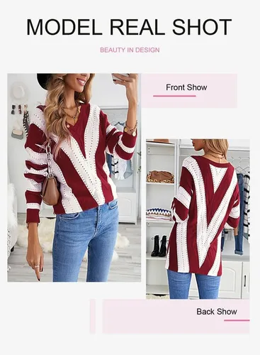 Vista 4 de Dokotoo Suéter de punto para mujer, diseño de rayas, cuello en V, con bloques de color, ajuste holgado