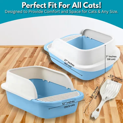 Vista 6 de Caja de arena grande para gatos con lados altos, bandeja de arena para gatos grandes con pala y escudo de dispersión, caja de arena de plástico