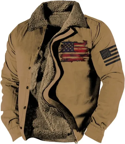 Vista 25 de LOAIHA Chaqueta de invierno para hombre, chaqueta de bandera estadounidense, abrigos occidentales para hombre, con cremallera, forro polar cálido