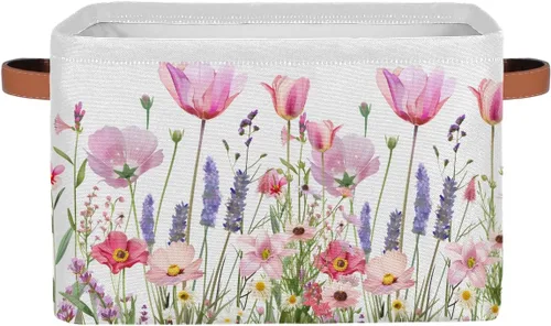Vista 30 de Cesta de almacenamiento de flores y girasoles, organizador plegable grande para estantes, cubos de lona resistentes con asas para juguetes, armario