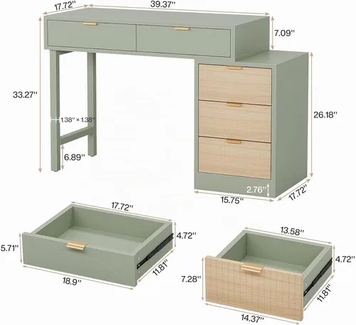 Vista 2 de Tribesigns Escritorio de computadora con 5 cajones, escritorio pequeño reversible para escribir con almacenamiento, mesa de estudio de madera Verde