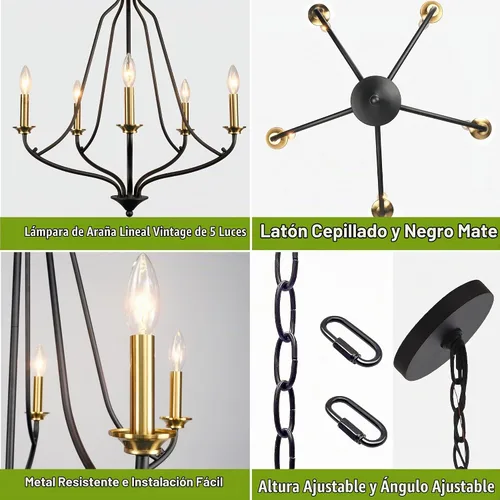 Vista 4 de Candelabro de 5 luces color negro mate y latón, 25 pulgadas, color dorado cepillado, iluminación colgante moderna para isla de cocina, comedor