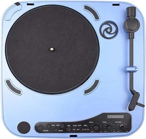 Vista 2 de Tocadiscos de vinilo, tocadiscos para discos de vinilo, tocadiscos con altavoces, diseño Retro, portátil, con forma de maleta, color azul