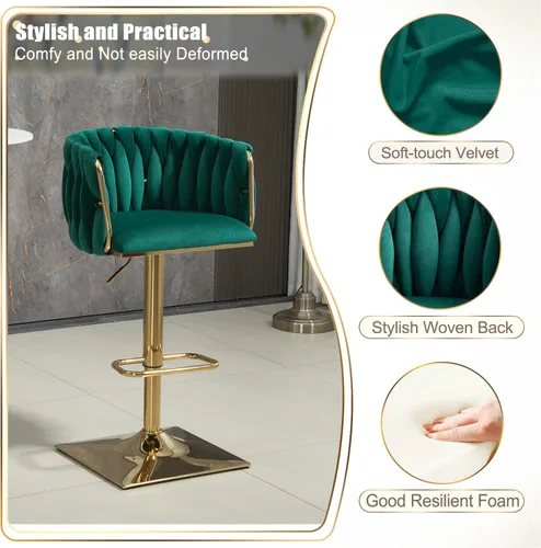 Vista 4 de Juego de 2 taburetes de bar giratorios de terciopelo, taburetes de bar ajustables y cómodos, silla de comedor moderna con respaldo tejido, taburetes