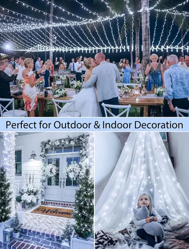 Vista 4 de Cadena de 200 luces LED de 98 pies, impermeables con 8 modos con memoria, fuente de alimentación certificada por UL de 30 V para el hogar, jardín