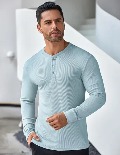 Vista 86 de COOFANDY Camisas Henley de manga larga para hombre, camisetas elásticas acanaladas, camisetas básicas casuales de moda