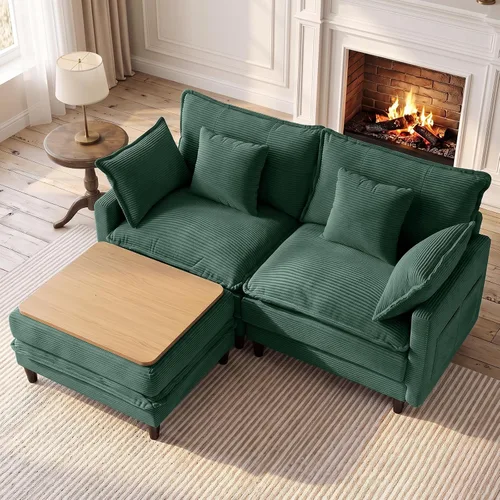 Vista 22 de Sofá de nube en forma de L de 73.5 pulgadas, sofá modular con mesa auxiliar otomana, sofá biplaza de pana con almohada, cómodo y moderno sofá