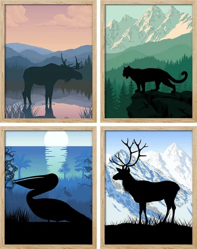 Vista 104 de SIGNWIN Marco de arte de pared de jirafa de safari africano, juego de 4 impresiones coloridas de paisaje, decoración de pared de naturaleza