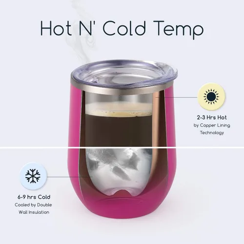 Vista 2 de Vaso de vino Maars Bev sin soporte de con paredes dobles aislantes al vacío de acero inoxidable de 12 onzas, Fucsia