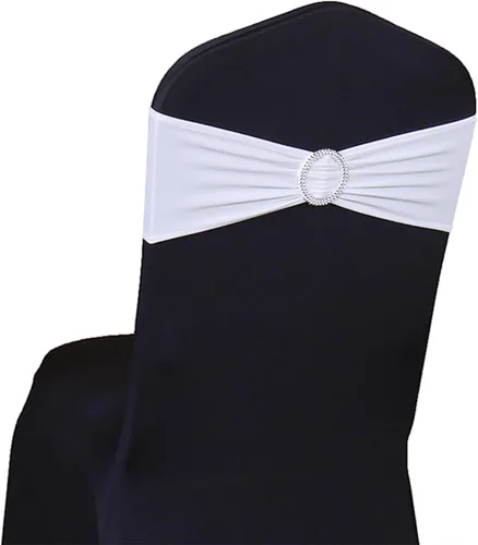Vista 24 de Paquete de 50 bandas negras de elastano para sillas de boda, lazos con hebillas para fiestas, cumpleaños, fiestas, banquetes de jubilación