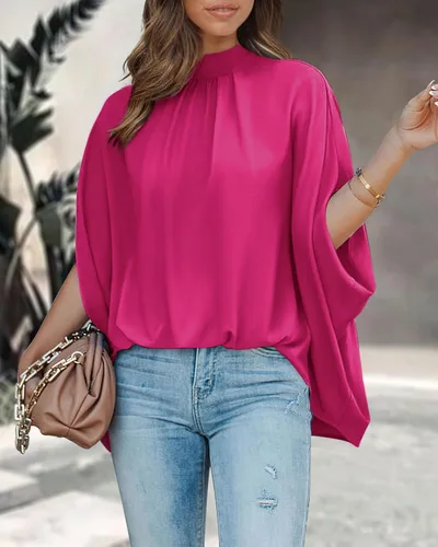 Vista 61 de BTFBM Blusas de verano para mujer, cuello alto falso, manga murciélago, holgadas, dobladillo alto y bajo, blusas informales de gran