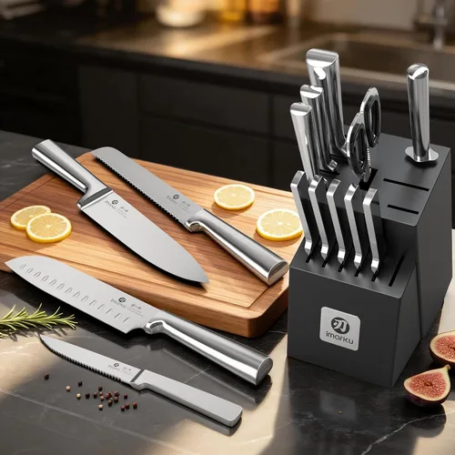 Vista 9 de imarku Juego de 15 cuchillos con afilador integrado, juego de cuchillos de cocina de acero inoxidable japonés de alto carbono, apto