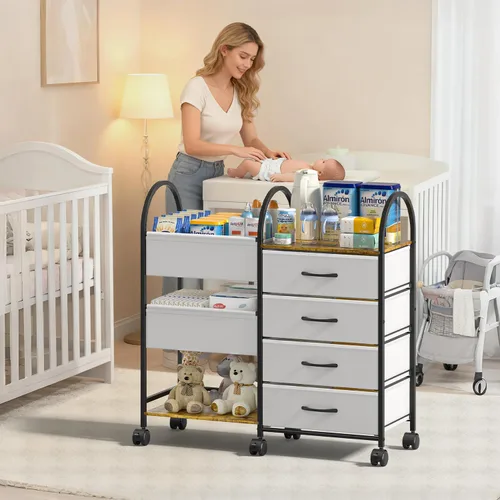 Vista 2 de Carrito organizador de pañales para bebés con ruedas, carrito de pañales rodante de 4 niveles con separadores y cajones, almacenamiento de guardería