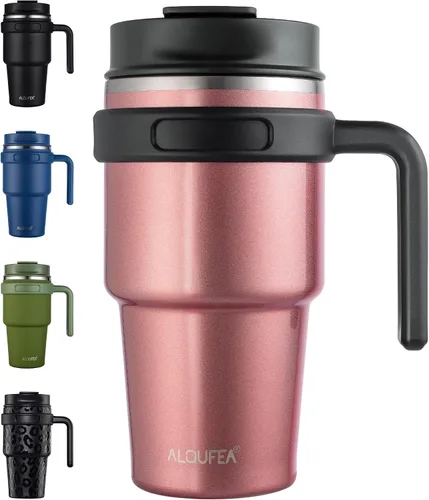 Vista 16 de Taza de café aislada de 20 onzas con asa, vaso de viaje de acero inoxidable con tapa y popote, taza térmica de doble pared al vacío a prueba de Negro