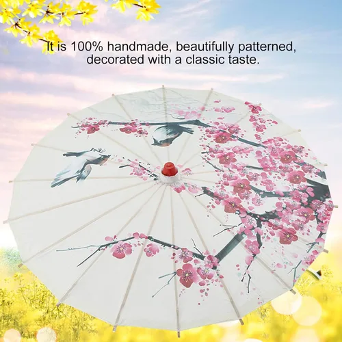 Vista 3 de Paraguas de papel engrasado chino, hecho a mano, diseño de flor de ciruela, flores clásicas, paraguas de papel, para sesiones de fotos, accesorios
