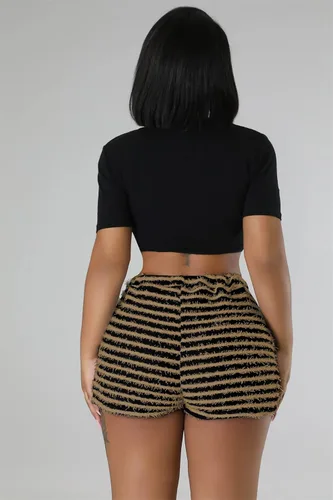 Vista 4 de Vssjavun Pantalones cortos casuales a rayas mullidos para mujer, de retazos, de cintura alta, bodycon, pantalones cortos para descansar, yoga