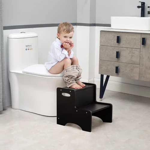 Vista 4 de WOOD CITY Taburete escalonado para niños, taburete escalonado de madera para niños pequeños con alfombrillas antideslizantes de seguridad y asas