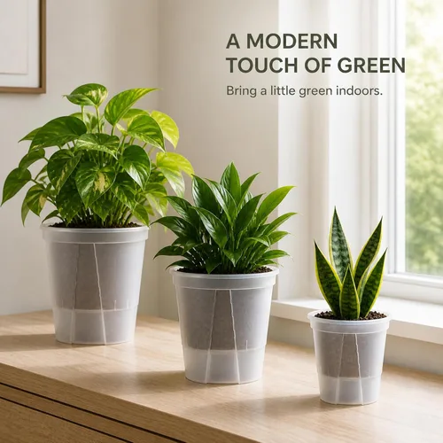 Vista 3 de Macetas de riego automático para plantas de interior, macetas transparentes con drenaje y depósito profundo, paquete de 9 macetas de riego