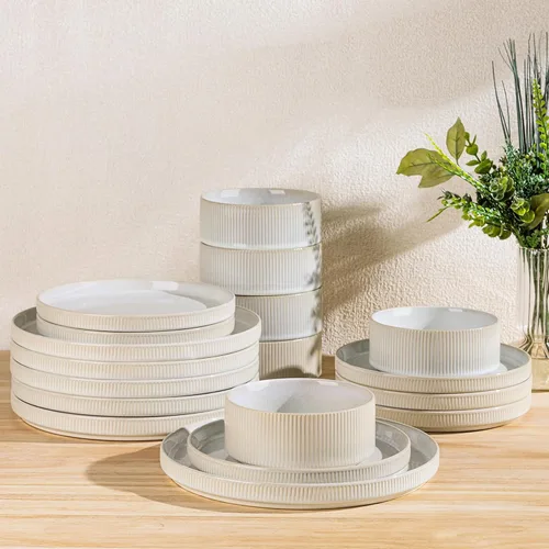 Vista 23 de TheTerra Juego de vajilla de cerámica para 4, juego de 12 platos y cuencos ligeros de porcelana, resistente a los arañazos, apto para horno