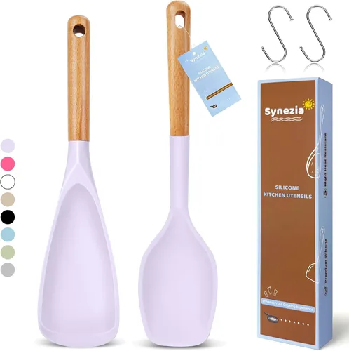 Vista 10 de Juego de cucharas de cocina de silicona grandes, 2 cucharas de servir resistentes al calor, espátula antiadherente multifunción para mezclar Berry