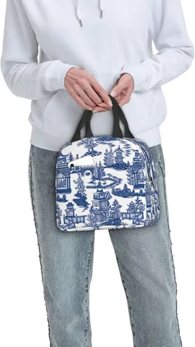 Vista 5 de Blue Willow Ancient Ming Chinoiserie - Bolsa de almuerzo aislada reutilizable, 8.5 x 8 x 5 pulgadas