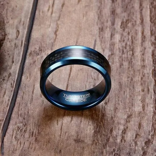 Vista 5 de Black and Blue Mens Wedding Band, Engravable Tungsten Rings for Men 8MM with Carbon Fiber Inlay