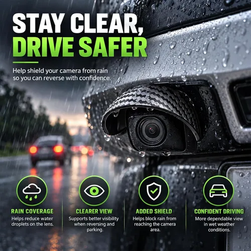Vista 2 de Protector de lluvia para cámara de respaldo de 4 piezas, toldo curvado de PVC negro, cubierta de lluvia para cámara de marcha atrás, protector