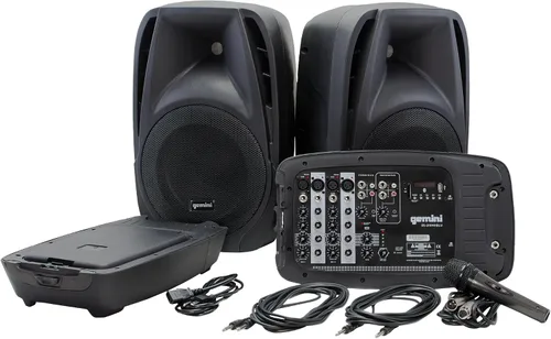 Vista 10 de Gemini ES-210MXBLU con bluetooth, sistema PA portable con mezclador de alimentación desmontable. Dual 10" PA with tripod stands - 6-channel
