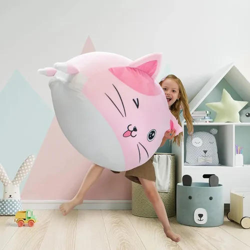 Vista 7 de Anzitinlan Lindo puf de gato para niños, puf de almacenamiento de animales de peluche rosa para decoración de habitación de niñas