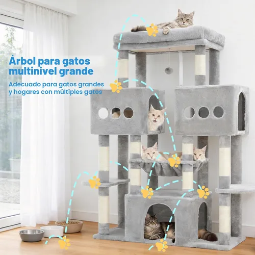 Vista 6 de Hey-brother Torre de árbol para gatos, postes rascadores de sisal grande con plataforma grande, 3 amplios condominios, hamaca de felpa, juguete
