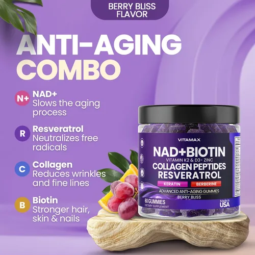 Vista 4 de Gomitas antienvejecimiento NAD +, resveratrol, berberina y biotina, suplemento para cabello, piel, uñas y articulaciones, péptidos de colágeno