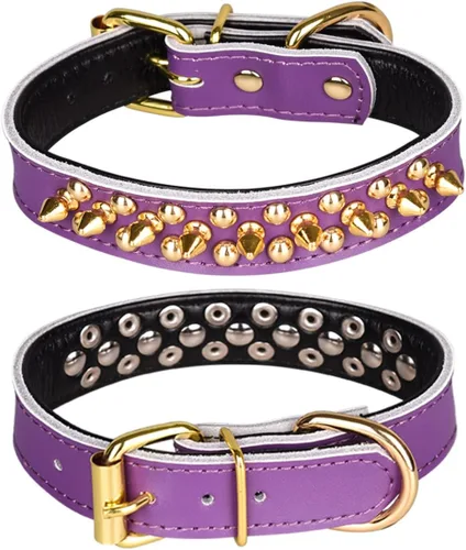 Vista 28 de Collar de perro con tachuelas, collar de perro de cuero genuino, collares ajustables para mascotas pequeñas o medianas (S, negro-1)