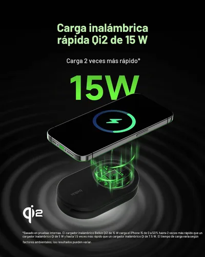 Vista 3 de Belkin Cargador Compatible con MagSafe, Cargador Magnético Plegable 2 en 1 de 15W - Carga Inalámbrica Certificada Qi2 para Apple iPhone 16, Apple