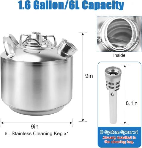 Vista 2 de Kit de limpieza de línea de cerveza inoxidable de 1.6 galones con lanzas 1 D para montaje de acoplador D, kit de limpieza eficiente de línea