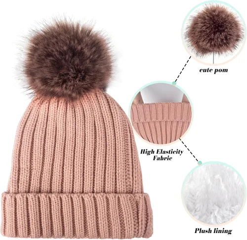 Vista 6 de Juego de 3 gorros de punto de invierno para mujer bufanda y guantes para pantalla táctil con pompón