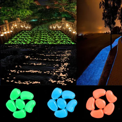Vista 12 de 340 guijarros de jardín que brillan en la oscuridad, piedras luminosas para jardinería, decoración al aire libre, agua brillante, pecera, grava Azul