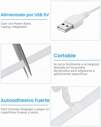 Vista 5 de Aclorol - Tira de luz LED COB de 5 V, impermeable, con autoadhesivo, 10 pies