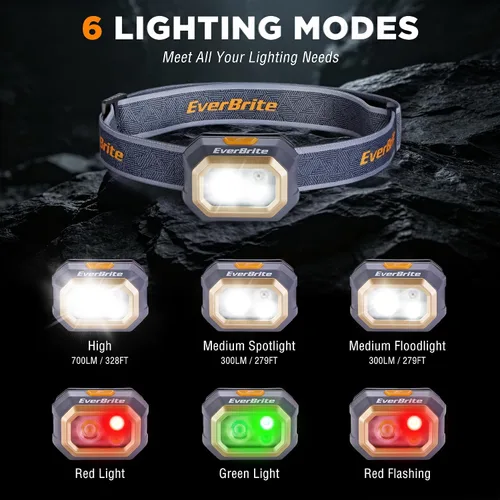 Vista 3 de EverBrite - Linterna frontal recargable de 700 lúmenes con modos de luz blanca, roja y verde 700 Lumens, White Red Green Light Modes, Stepless