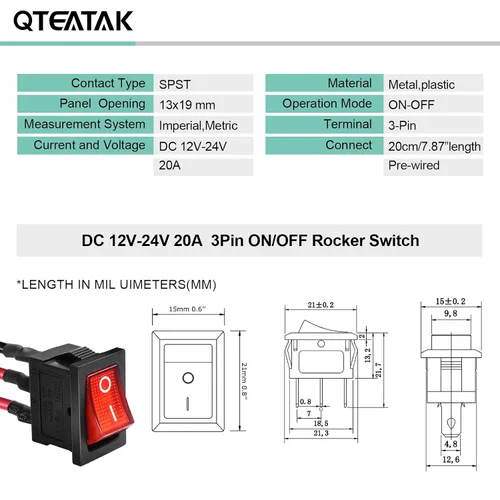 Vista 2 de KCD1 SPST Interruptor basculante de palanca precableado On/Off de 3 pines y 2 posiciones Snap DC 12V-24V 20A LED rojo para barco - Paquete de 5