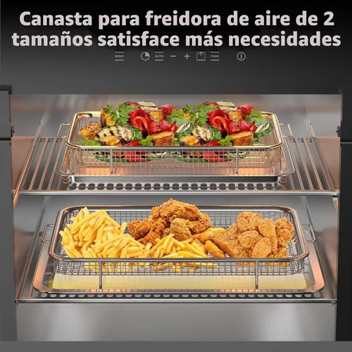 Vista 6 de Cesta de freidora de aire para horno, 2 juegos de bandeja y sartén de freidora de aire con 60 piezas de papel pergamino, sartén de freidora de aire