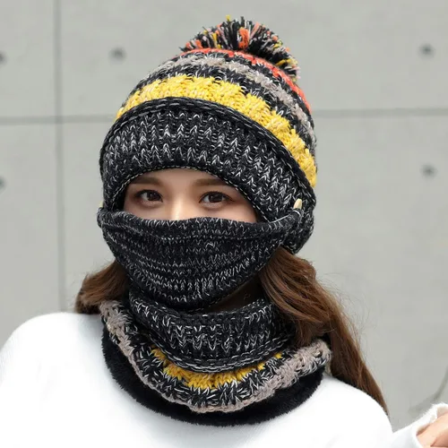 Vista 3 de Conjunto de 3 piezas para mujer, gorro de esquí, nieve, cuello, bufanda, máscara facial, pasamontañas, gorro de forro polar de punto de invierno
