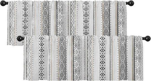 Vista 16 de Emvency Paquete de 2 cenefas para ventana, diseño geométrico gris y negro, cortinas de arte moderno abstracto, cortinas ajustables para ventanas